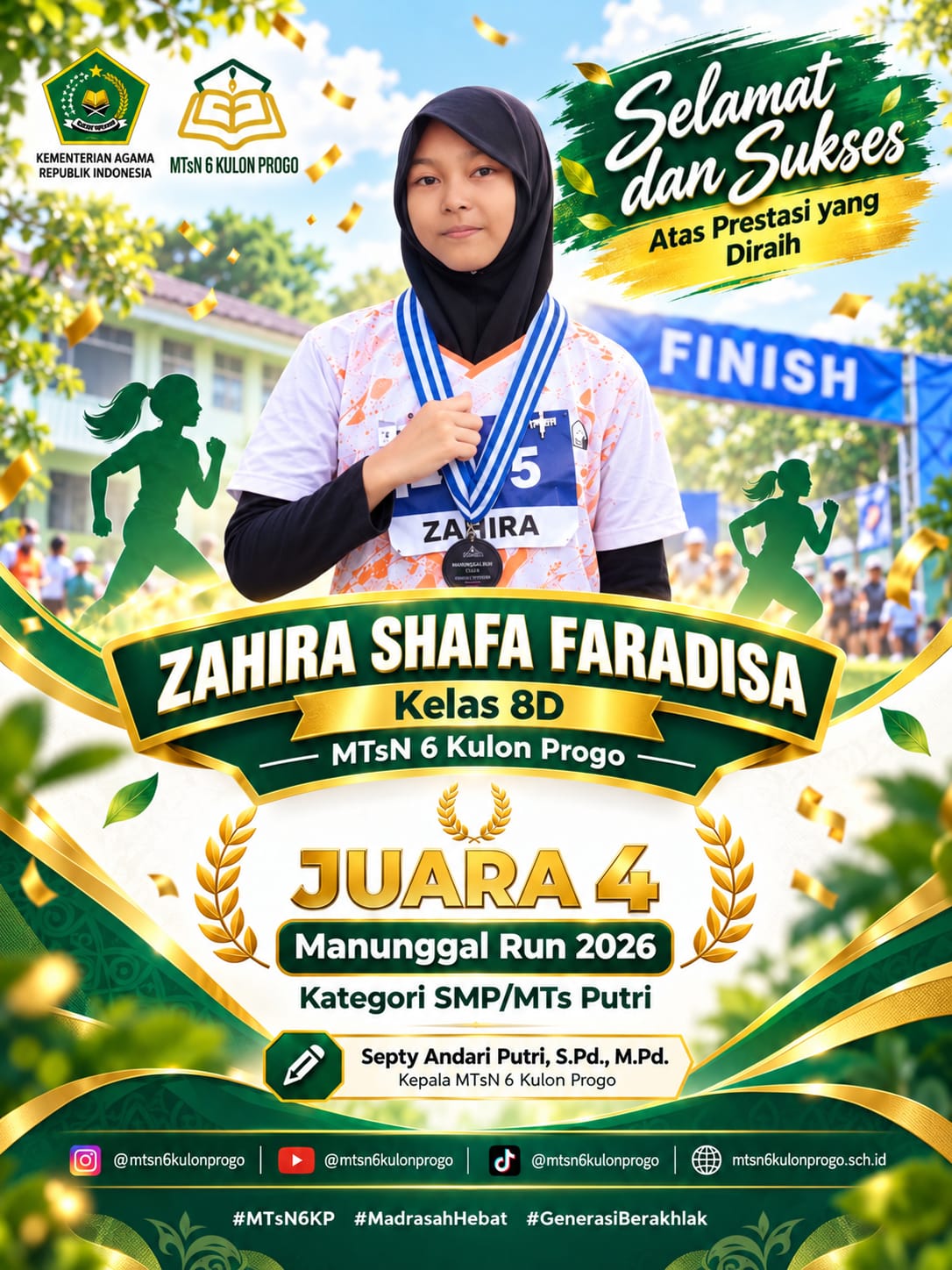 Zahira Shafa Faradisa, Murid MTsN 6 Kulon Progo Raih Juara 4 Manunggal Run 2026